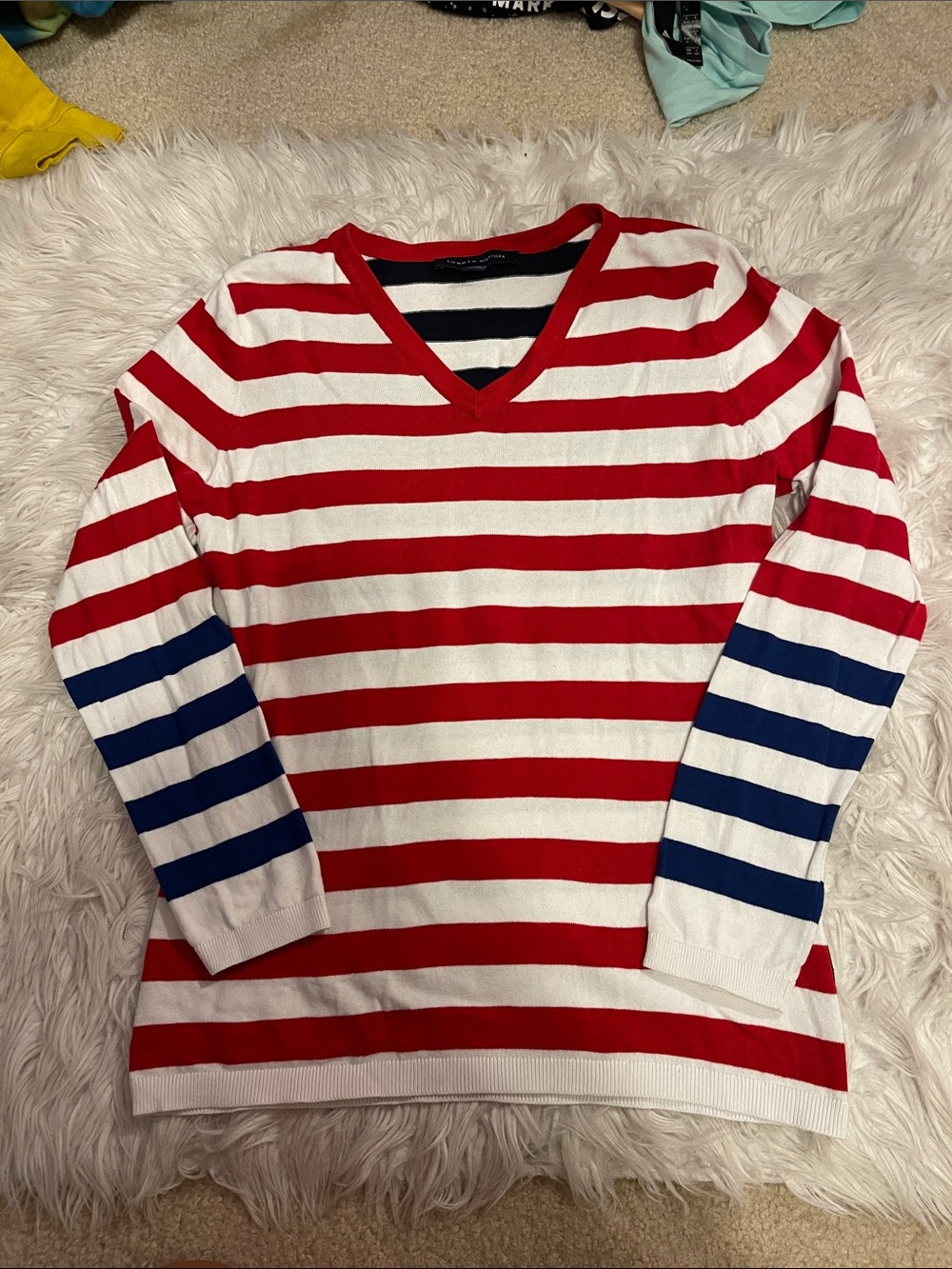 Tommy Hilfiger Red, White & Blue Striped V-Neck Sweater